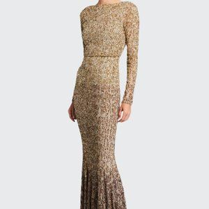 Rachel Gilbert Ombre Beaded Long-Sleeve Gown